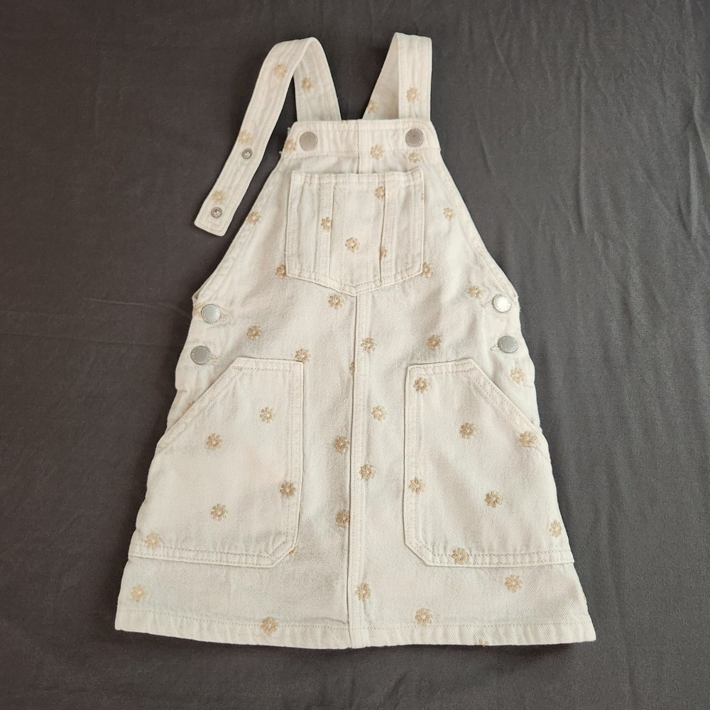 Cotton On Kids Girls Overall Dress Romper Cream with Beige Emb Flowers Size 6